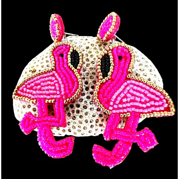 Flamingo Earrings Beaded Dangle Post New Pink Statement Jewelry Caribbe… - Picture 5 of 12